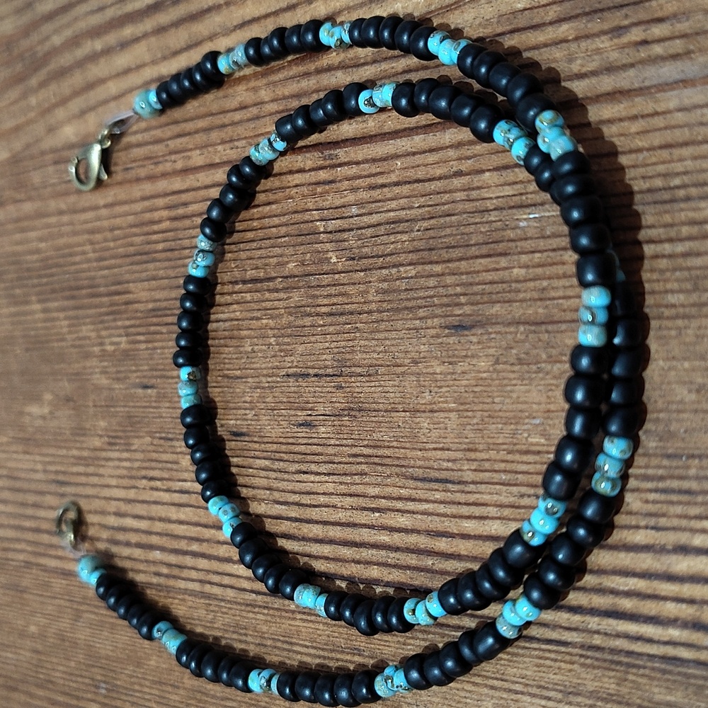 Black and Turquoise Beaded Necklace, Handmade Men's Necklace, Black - Picture 5 of 6